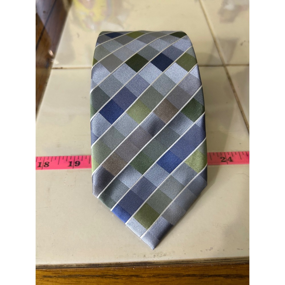 Kenneth Cole Reaction Mens Silk Tie Blue Green Grey‎ Geometric Block Plaid